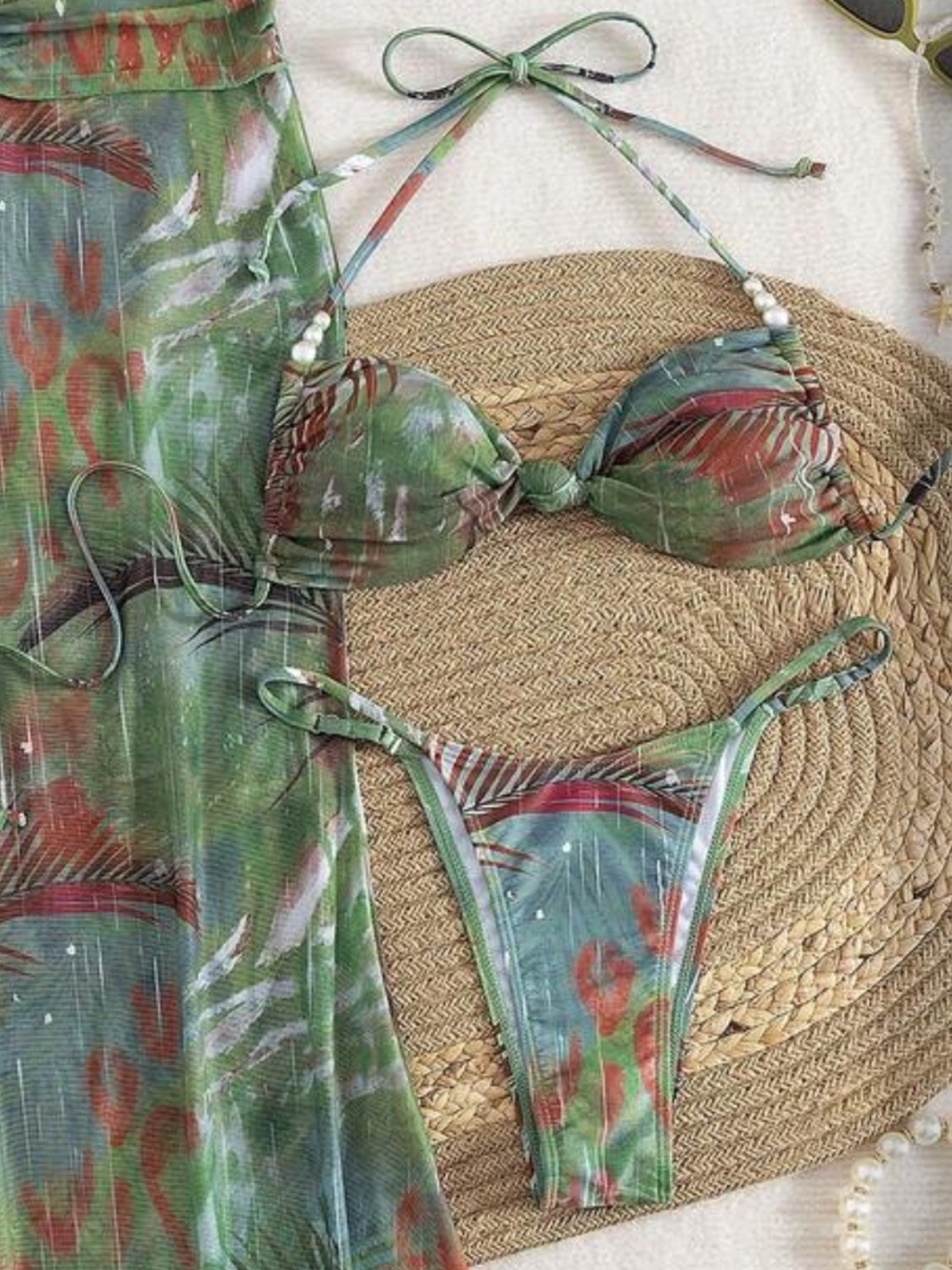 Green Tropical Print Bikini Set